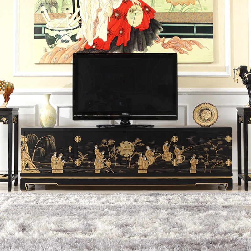 

New Chinese Style Black Gold Retro Style Solid Wood Living Room TV Floor Cabinet Film and Television Cabinet