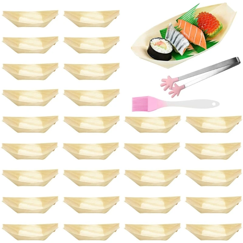 100 Piece Natural Wooden Sushi Serving Boats Bowls Set With Dessert Tongs And Silicones Brush For Parties Event Catering Q5WC