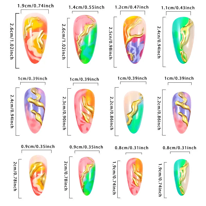 Press on Nails Almond Shaped Medium Stiletto False Nails Colorful Stick on Nails Smudge Marble Designs Glue on Nails Acrylic Tip