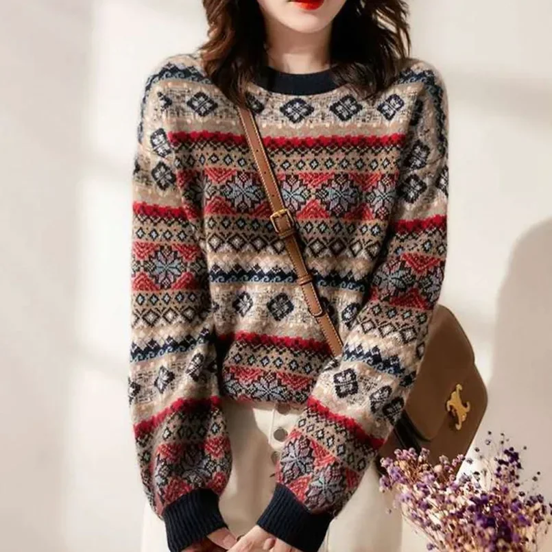 Vintage Christmas Sweater Women's 2024 Autumn Winter New Pullover Round Neck Lazy Thick Ethnic Sweater Woman Thick Knitted Tops