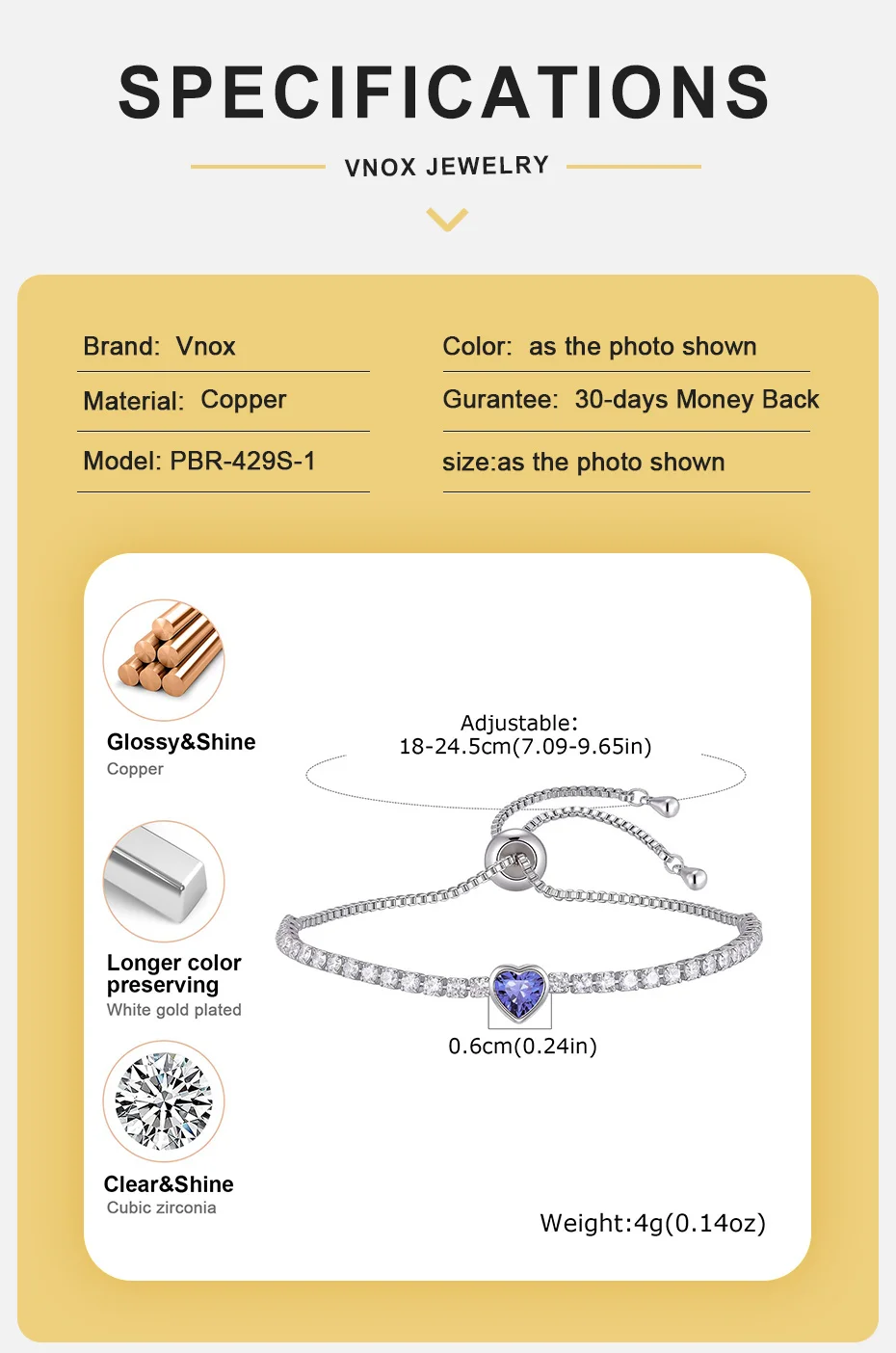 Vnox Exquisites Romantisches Herz-Geburtsstein-Tennisarmband für Frauen, Verstellbares AAA-Zirkonia-Armband, Persönliches Geburtstagsgeschenk – Detail 4