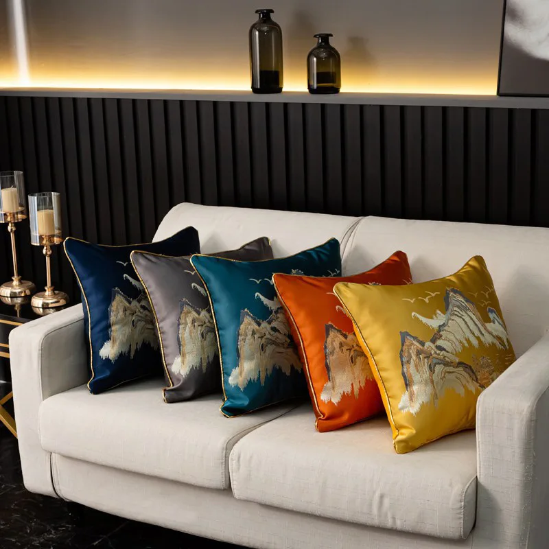 Square Chinese Mountain and River Jacquard Cushion Cover Modern High-precision Scenery Embroidered Pillow Cover Home Pillow Case