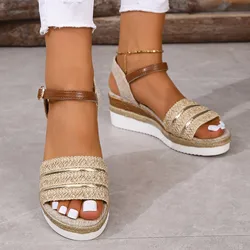 Fashion Bohemian Women Sandals Cloth Clasp Open Toe Thick Sole Wedges High Heels Sandals 2023 New Classic Leisure Sandalias