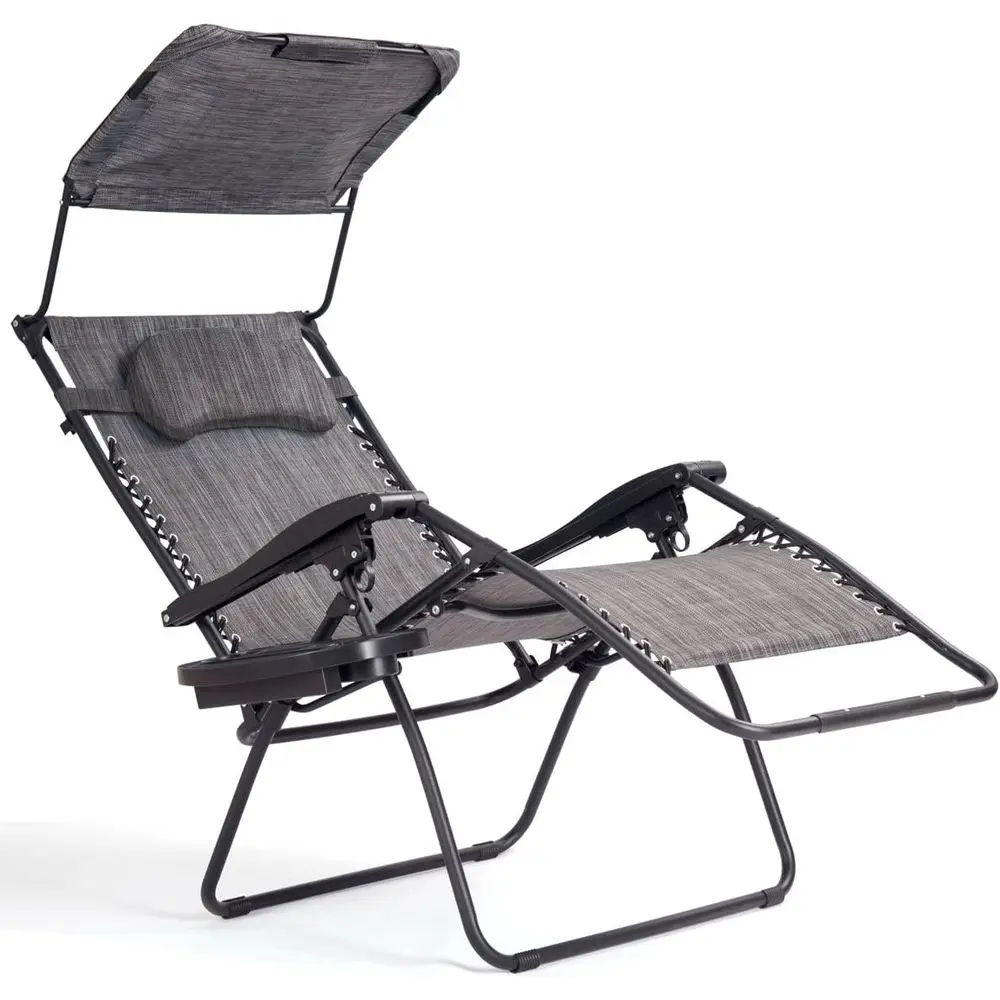 

Oversized Zero Gravity Recliner with Shade and Cup Holder for Patio, Pool, or Deck in Grey