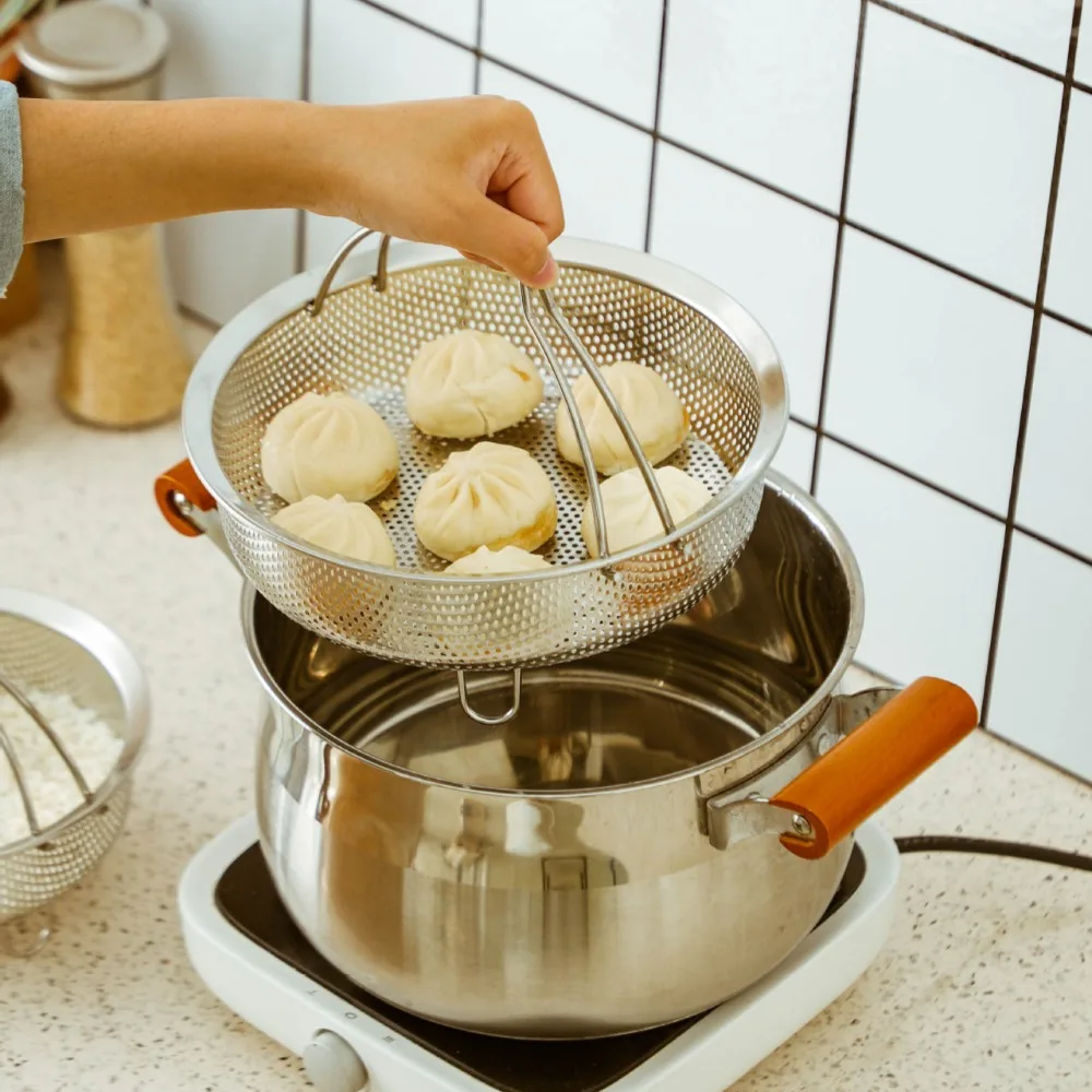 

Stainless Steel Rice Cooker Steam Basket Foldable Handle Three-Legged Stand Drain Basket Stable Rustproof