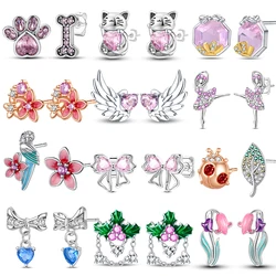 Fashion Spring Series Earrings For Women 925 Silver Color Butterfly Dragonfly Flower Heart Shaped Ear Studs Fine Jewelry Couple