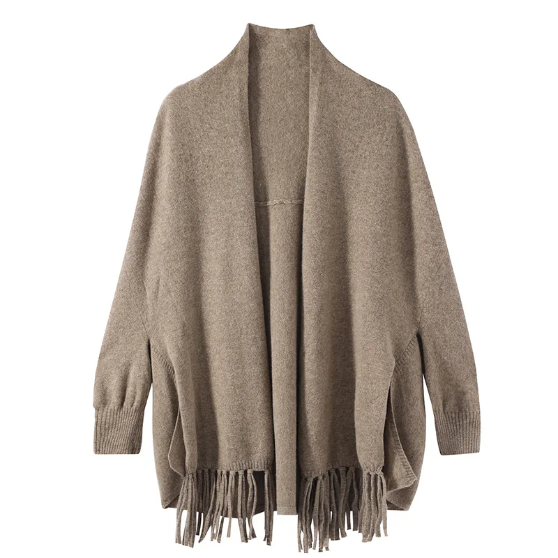 Loose Women 100% Merino Wool Sweater Tassel Shawl Cardigan Autumn Winter Simple Cashmere Chic Casual Knitwear Clothing Shawl Top