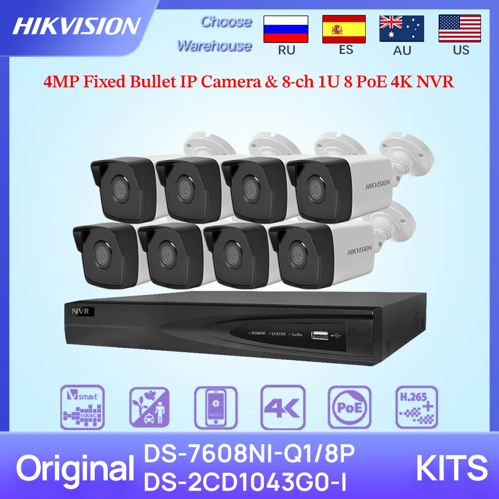 Hikvision Original CCTV Kits 4MP DS-2CD1043G0-I IR IP Camera 8-ch PoE 4K NVR DS-7608NI-Q1/8P Video Surveillance System H.265+