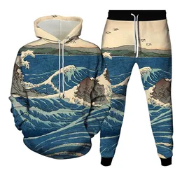 Autumn Sea Wave 3D Printed Hoodie Suit Men Sweatshirts Sweatpants Casual Fashion Two Piece Tracksuit Set Men's Clothing