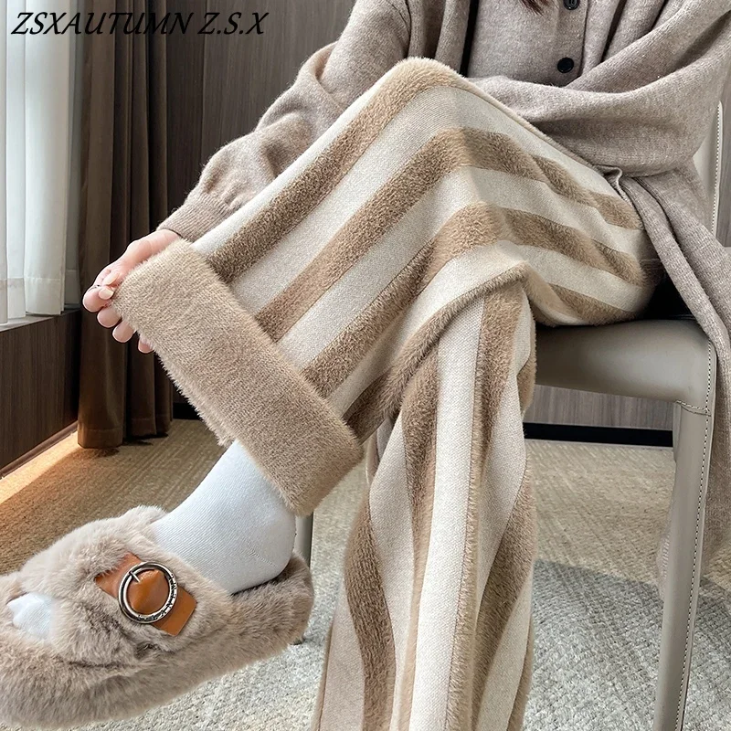 

Stripe Knitted Wide-leg Pants Women 2024 Autumn Winter Thickened Slim Straight Leg All-match High-waisted Casual Pants Female