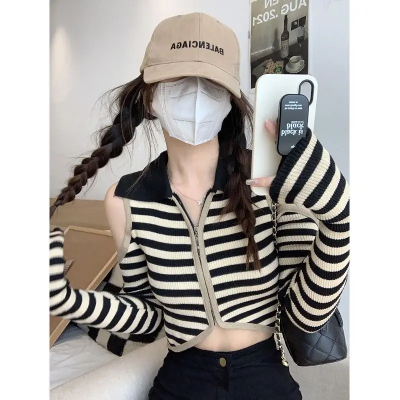 Zipper Versatile Long Sleeved Slim Fit Sweater Knitted Tops Women's Autumn Winter New Fashion Minimalist POLO Collar Striped