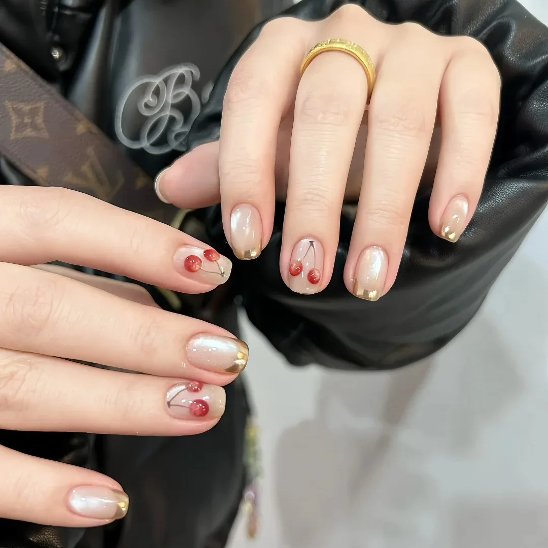 10 pièces été français court fait à la main presse sur les ongles fine paillettes 3D cerise oeil de chat art faux ongles amovibles réutilisables