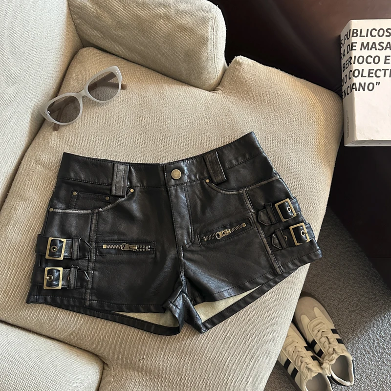 

Korean Vintage Women's Black Pu Leather Sexy Club Shorts Summer Brown High Waist Fashion Ladies Vacation Short Pant Streetwear