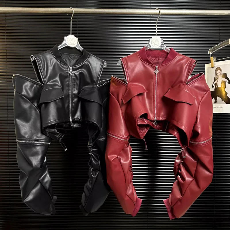 HKSH Herbst Neue Frauen PU Leder Jacke Stehkragen Langarm Plissee Zipper Streetwear Punk Techwear Chic Kurzen Mantel HK10136