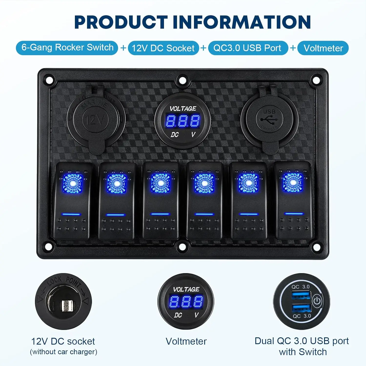 12V Rocker Switch USB Panel with LED Voltmeter Car Charger Socket 6 Gang Marine Toggle Switch Panel Waterproof for Boat Jeep RV