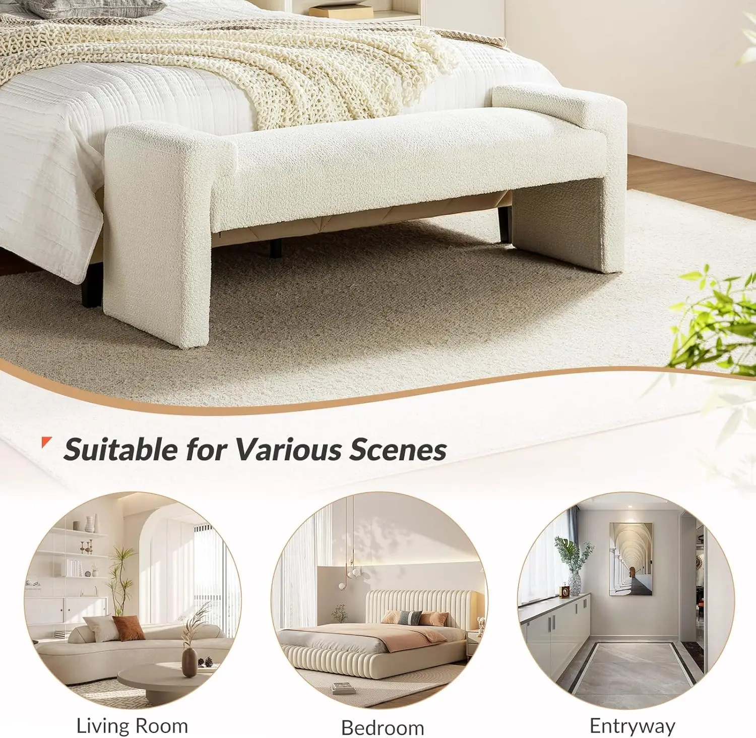 58.5' End of Bed Bench, Modern Fabric Upholstered Entryway Bench with Solid Wood Frame, Ivory