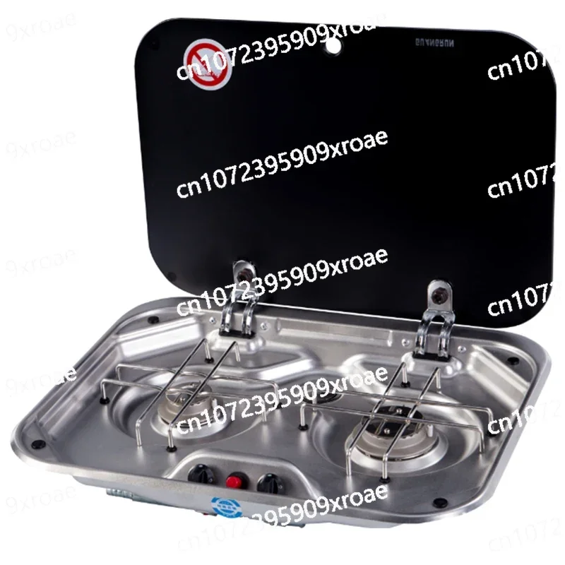 Outdoor RV Camper Kitchen Stainless Steel Gas Double-headed Stove Tools Tempered Glass Cover 2*1.35KW Camping Car Accessories