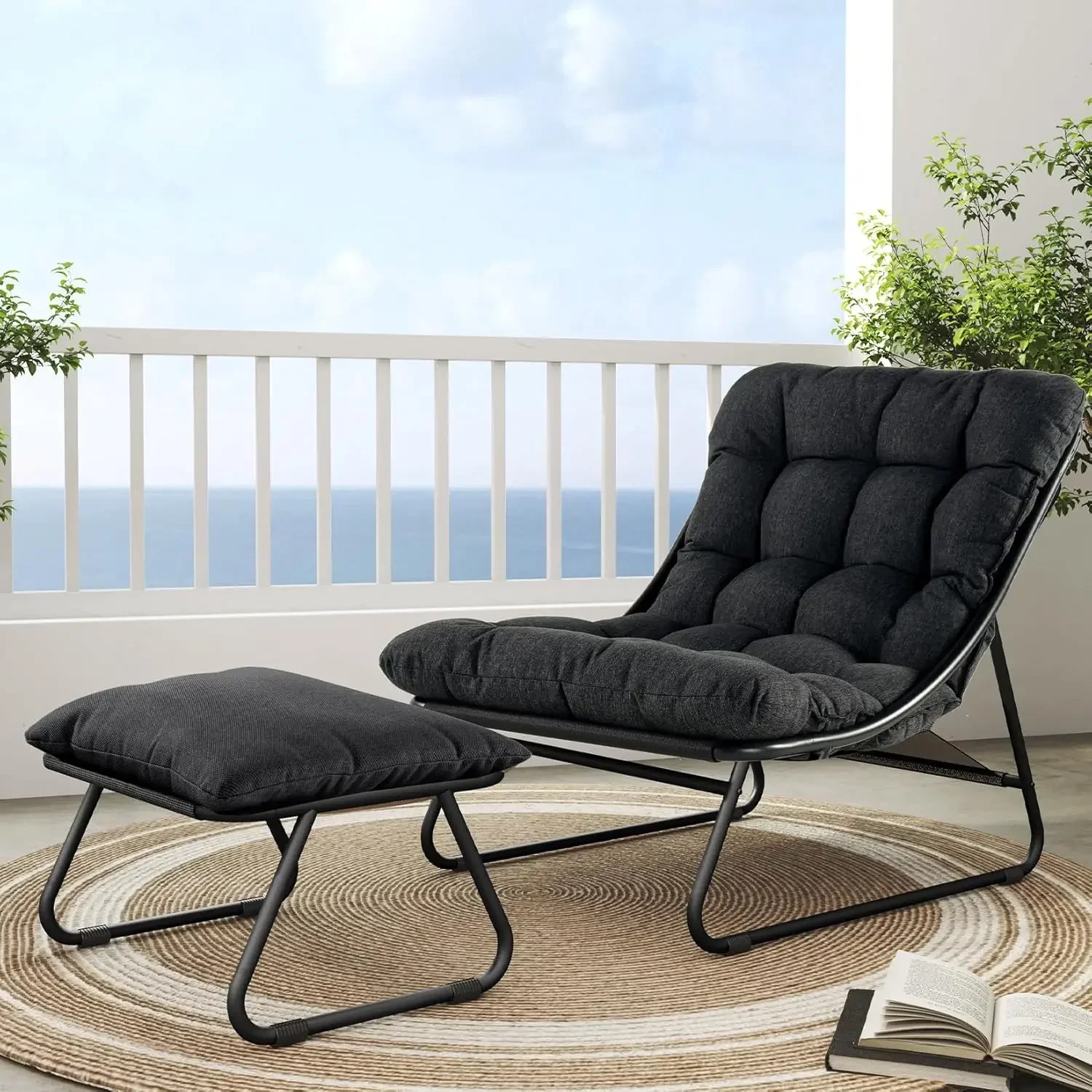 Grand patio Outdoor Lounge Chair with Ottoman, Comfy Sling Recliner Chair with Puffy Cushion and Footstool, Samba Modern