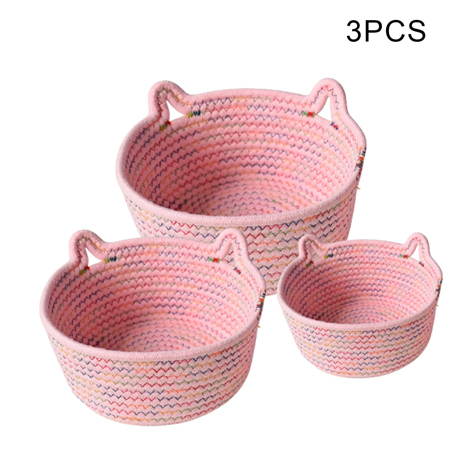 Cotton Rope Hand-woven Storage Basket With Cat Ear Shape Handles Lovely & Practical Home Supply Key Snacks Organizer