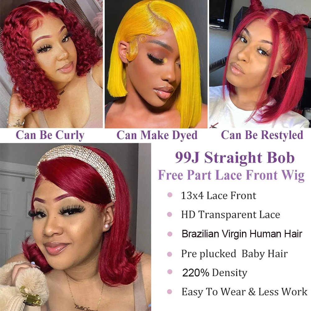 Burgundy Bob Wig Human Hair 13x4 HD Frontal Lace Straight 99J Short Human Hair Wigs Red Wig Front Human Hair Wig Colored Wigs - Image 6