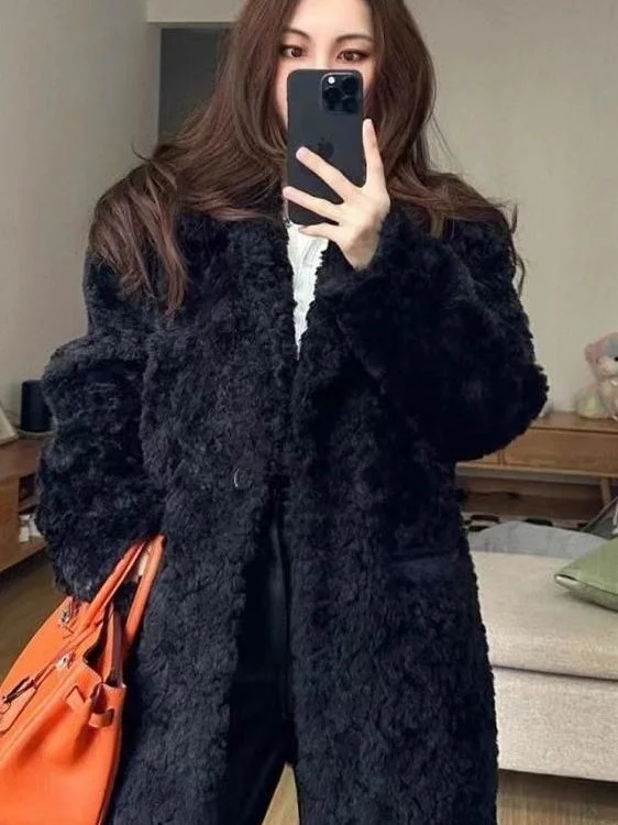 

Женская зимняя длинная верхняя одежда с мехом ягненка Bla, повседневная теплая однотонная куртка свободного покроя средней длины