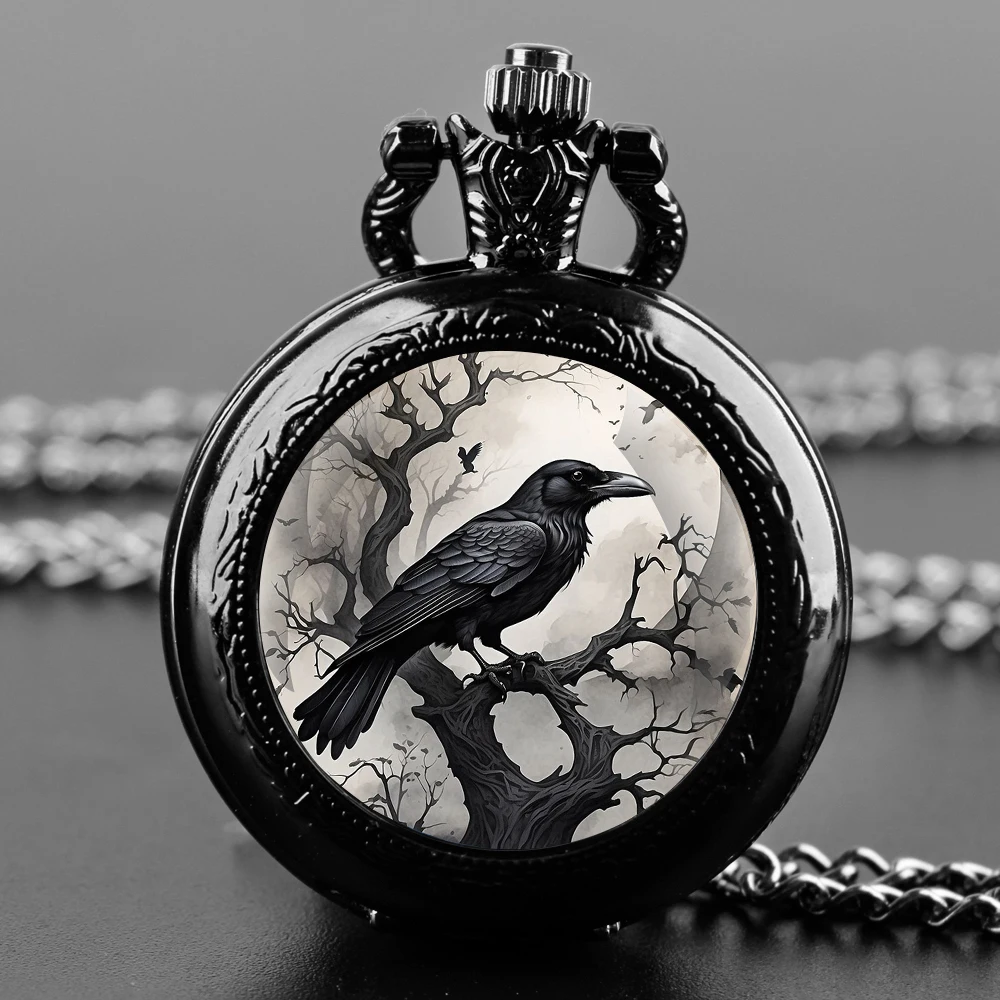 Exquisite Gift Raven Glass Dome Design Arabic Numerals Quartz Pocket Watch Necklace Pendant Clock Chain Men Women Gifts