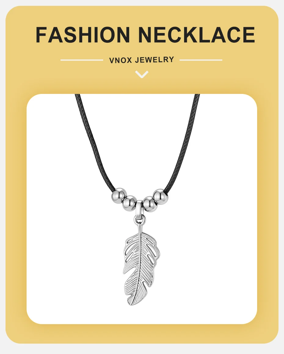 Vnox Edelstahl-Halskette mit Blatt-Anhänger, Boho-Feder-Charm-Kette, Schmuck für Männer und Frauen, silberfarben, verstellbarer Kragen, Geschenke – Detail 1