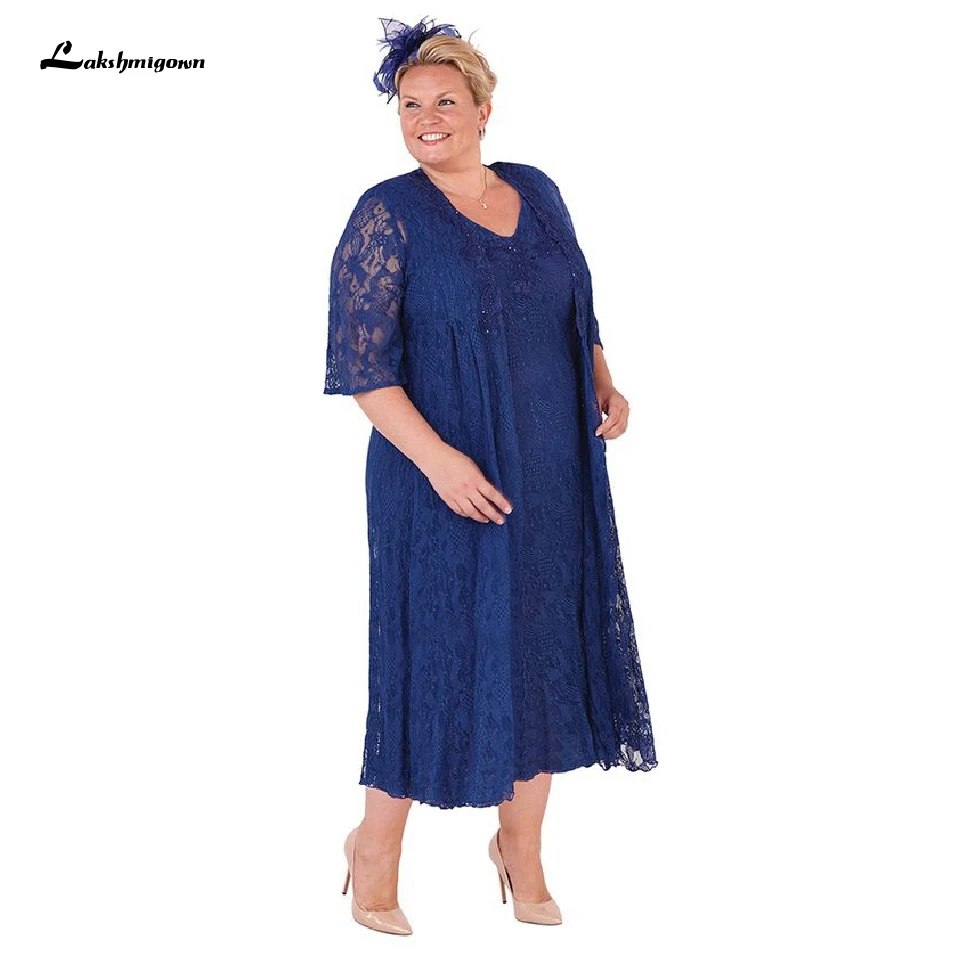 

Navy Blue Lace Mother Of The Bride Dresses with Jacket Summer Wedding Vestidos de Noite Plus Size Blue Evening Party Dresses