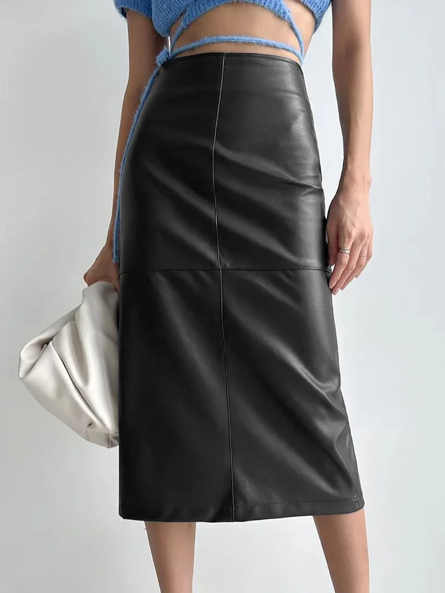 ارتفاع الخصر بولي Leather الجلود انقسام تنورة الخريف الشتاء Fce اصطف Ele تخفيف Sle ميدي تنورة للنساء في أواخر العشرين