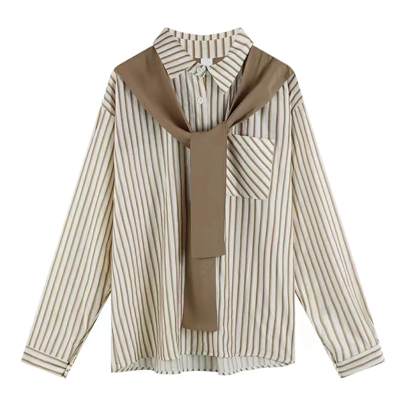 Women\'s Clothes Striped Long-sleeved Shirt Autumn Blouse New-style Shawl Fake Two Loose Temperament Shirt Casual Ladies Top