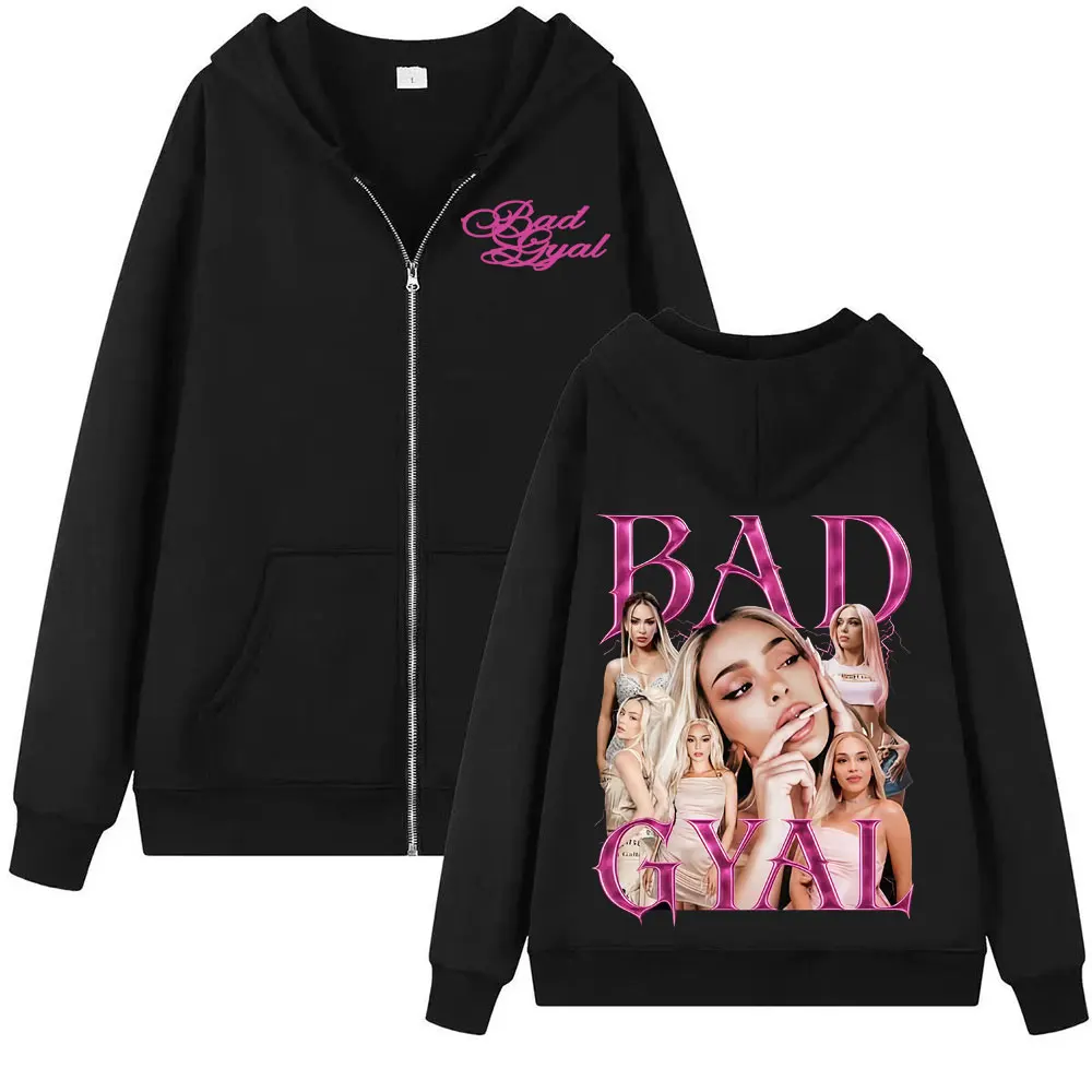 Singer Bad Gyal 빈티지 90년대 지퍼 후드티 남성 여성 하라주쿠 미학 트렌드 스웨트 셔츠 코트 캐주얼 바디워머 지퍼 업 풀오버