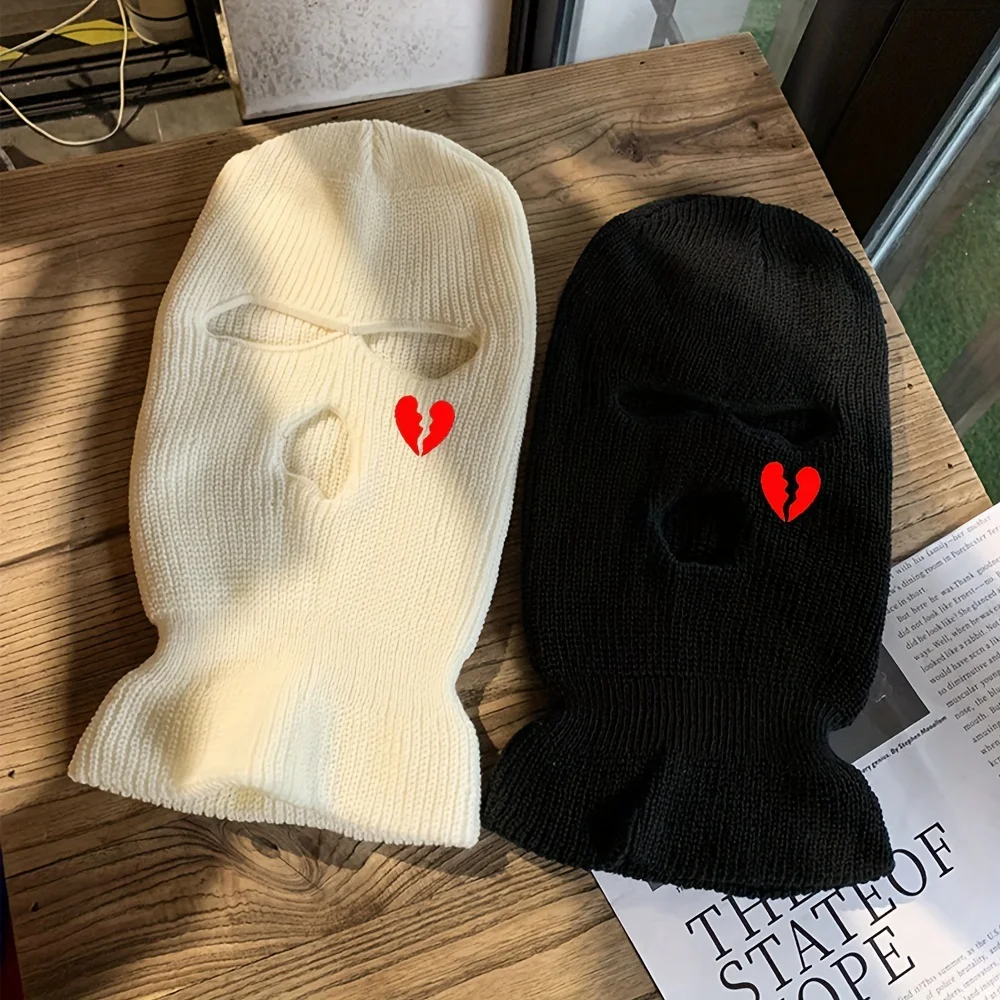 Unisex Winter Knit Hat Full Face Ski Mask Heart Embroidery  Hat 3-Hole Hood, Warm Windproof Beanies Outdoor Sports Balaclava Hat