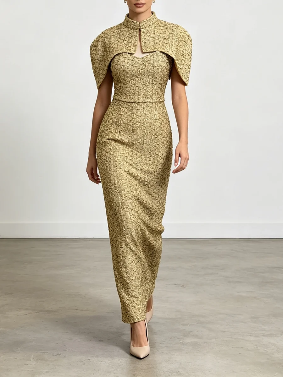 VGH Elegant Two Piece Set For Women Multi Color Tweed Cape Collar Heart Neck Ruched Waist Bodycon Maxi Skirt For Banquet Party