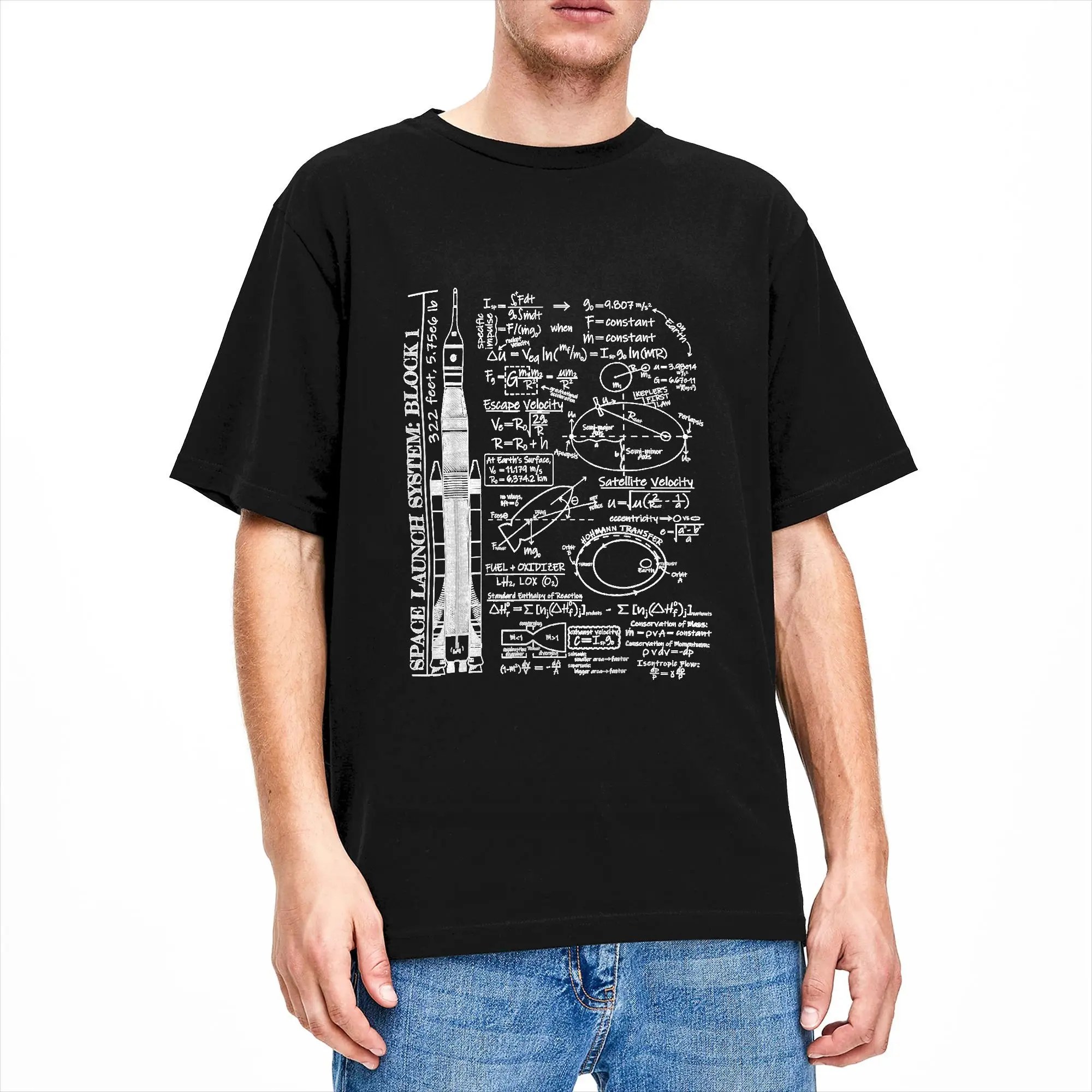 Men Space Launch Artemis SLS Rocket Science Equations T Shirts Pure Cotton Top Tees Summer Awesome Short-Sleeve T-Shirt Crewneck