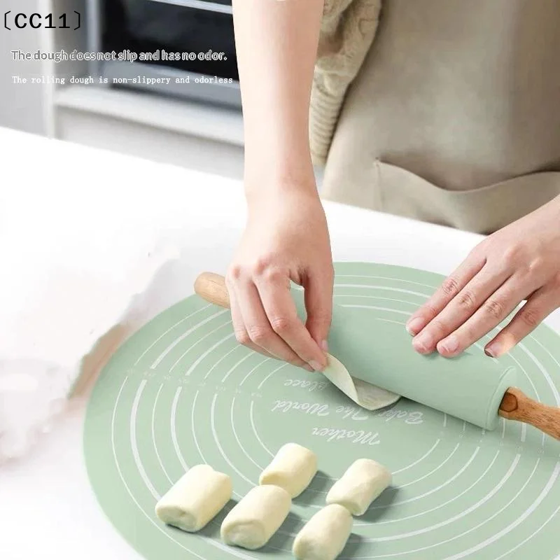 2pcs/set Reusable Thickened Rolling Pin Pastry Mat Set Round Silicone Kneading Pad Househeld Pastry Baking Dough Mat〔CC11〕