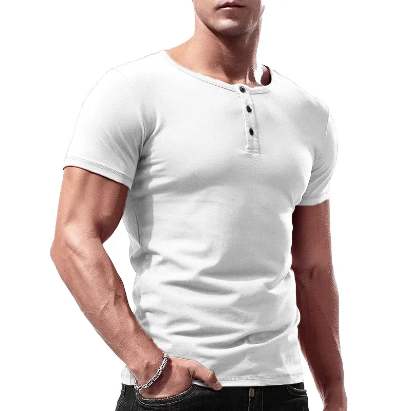 

New Men's Short Sleeved Cotton T-shirt Summer Round Neck Street Wear Solid Color Lightweight Fitness Jogging Button Large Top