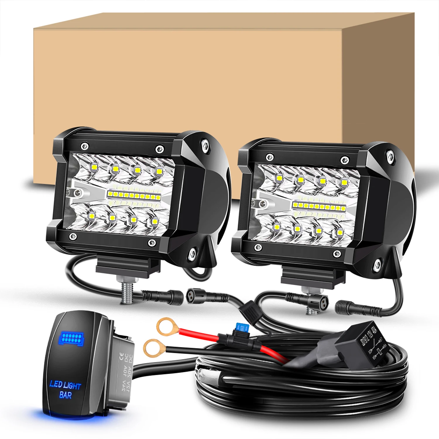 

LED Light Bar 2PCS 4 Inch Flood Spot Combo LED Work Light Pods Triple Row Work Driving Lamp with Wiring Harness kit - 2 Leads