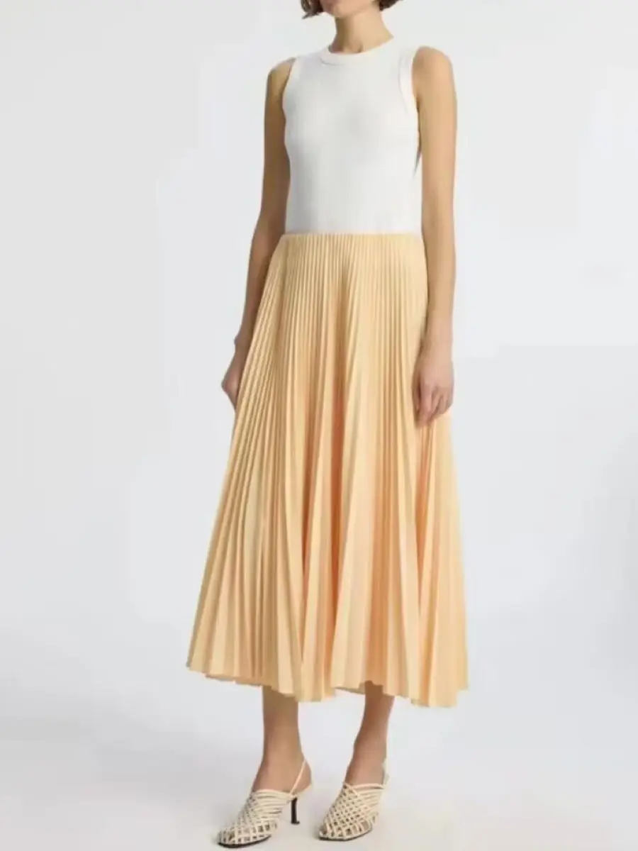 

Women Pleated Long Skirt Elastic Waist A-Line Casual Female Jupe