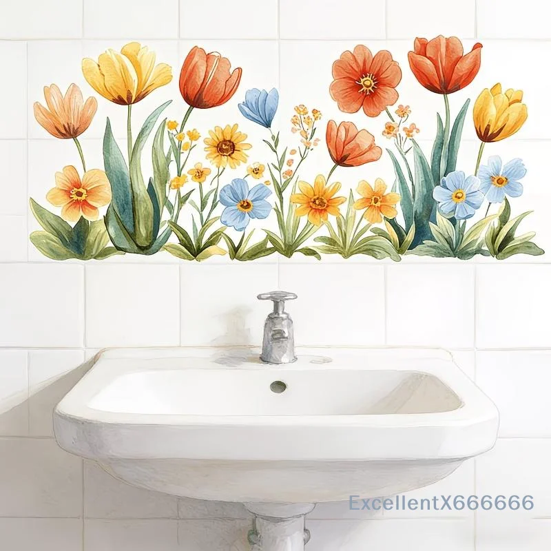Fresh Floral Pattern Sink Area Background Wall Sticker Bathroom Wall Decoration Self-Adhesive Removable Waterproof Creative Stic