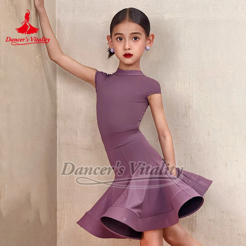 

Детский глянцевый комбинезон Таро фиолетового цвета с высоким воротником и короткими рукавами с запахом на плечах для латинских танцев + юбка, костюм из двух предметов, жизненность танцора