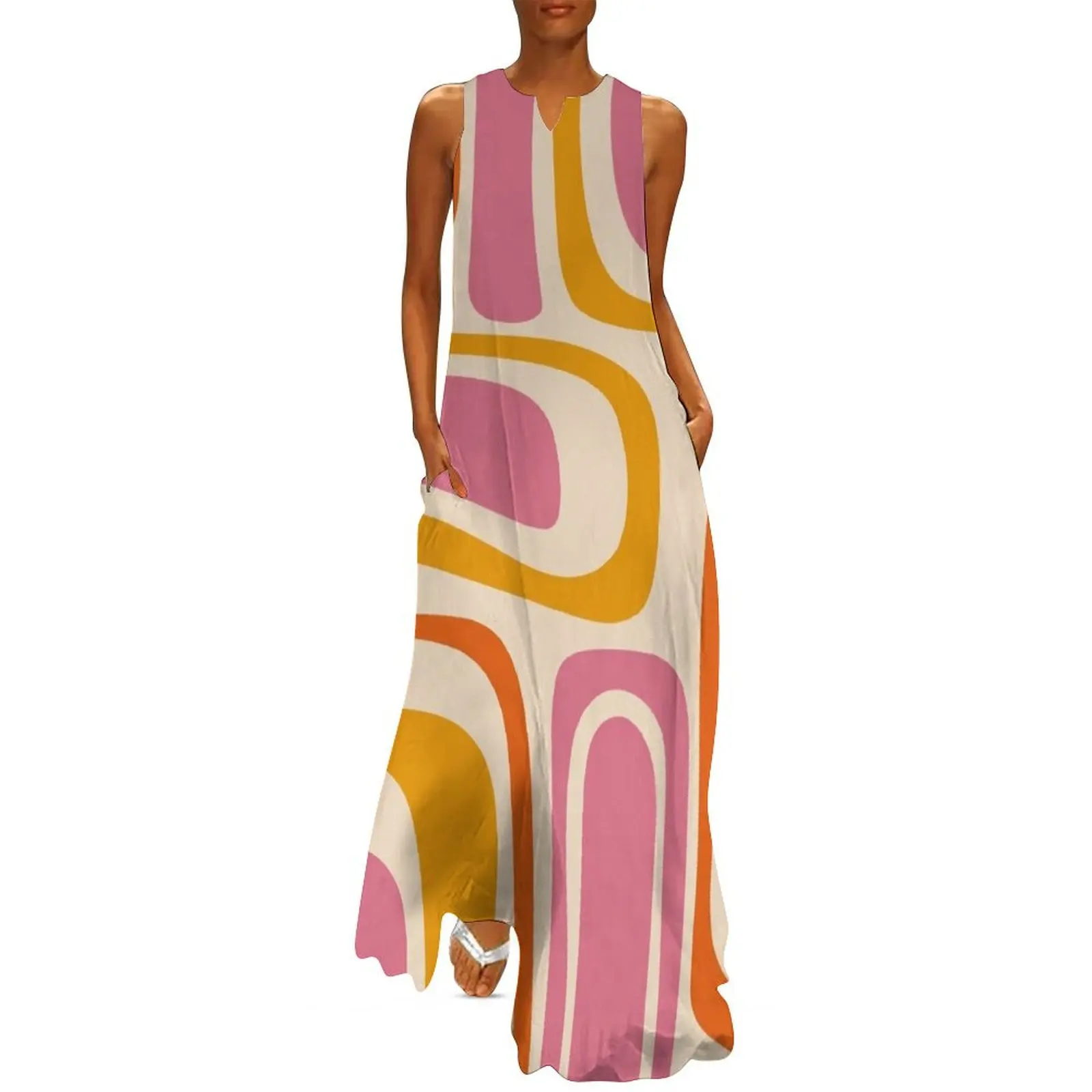 

Palm Springs Retro Mid Century Modern Abstract Pattern in Thulian and Orange Tones Long Dress dresses women summer 2025 Dress