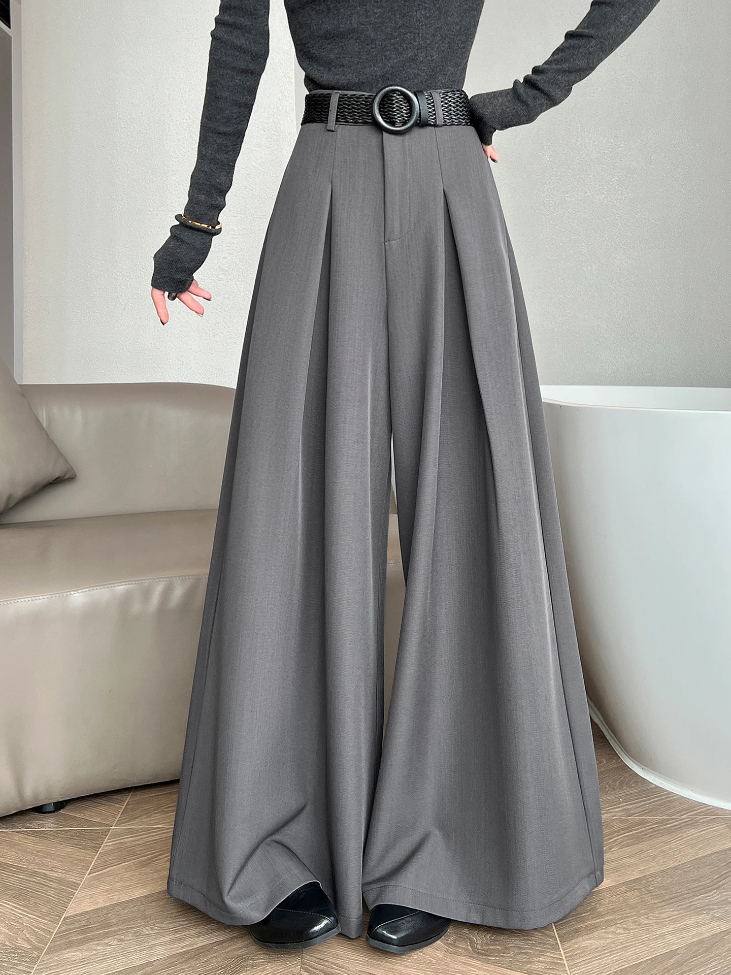 

Серые драпированные брюки А-силуэта с широкими штанинами, женские, с высокой талией, утягивающие, скрывающие бедра, свободные, повседневные, прямые, в пол