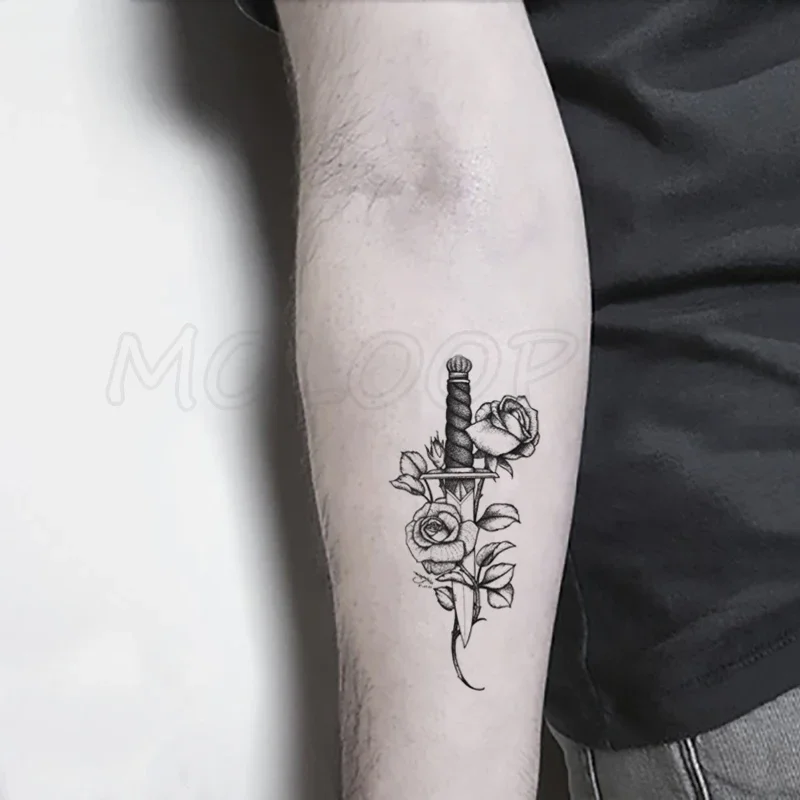 Tattoo Sticker Dagger Sword Bud Rose Flower Element Anime Tatto Body Art Makeup Waterproof Temporary Women and Men