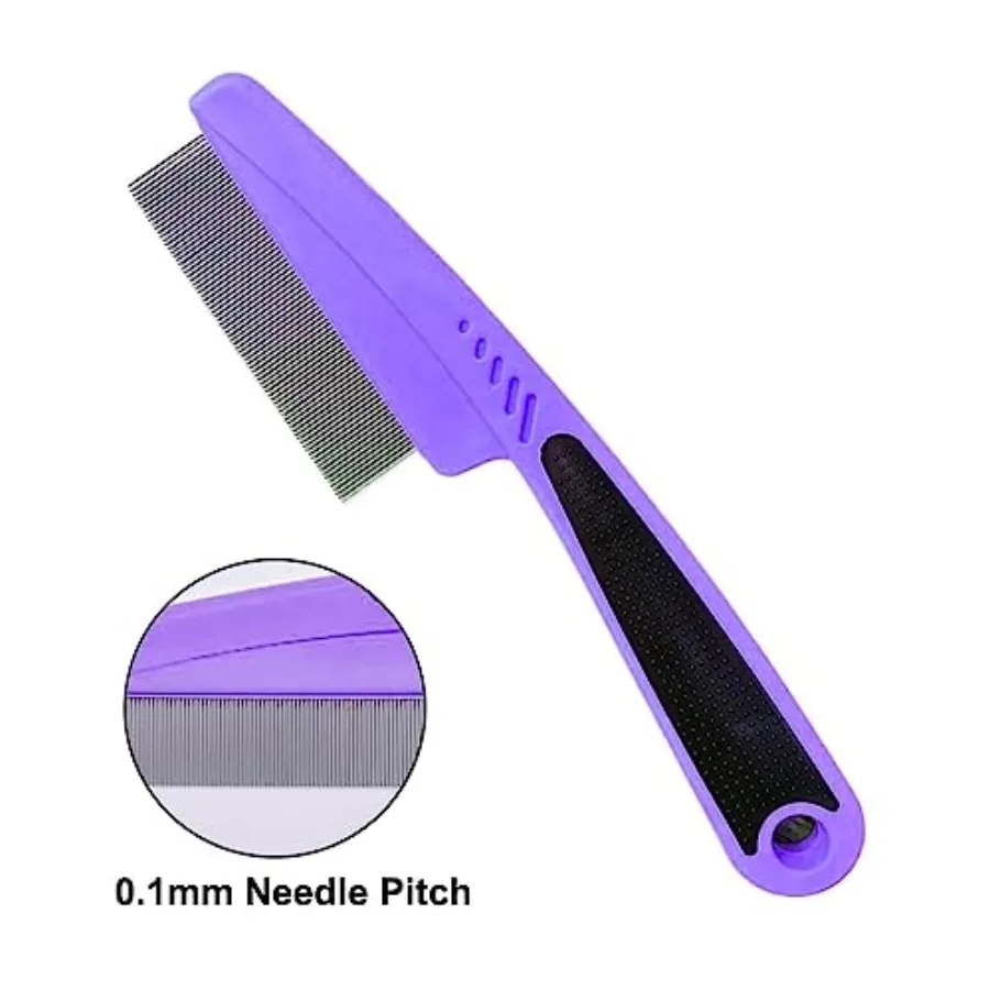 Flea Comb with Rubber Handle, Flea and Tick Combs for Dogs and Cats, Fine Tooth Dog Comb for Grooming Purple