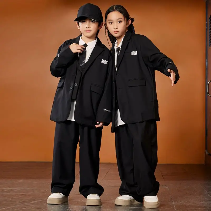 2024 Drum Jazz Dance Costumes For Girls Black Suit Boys Hip Hop Dance Performance Clothing Children Stage Rave Clothes