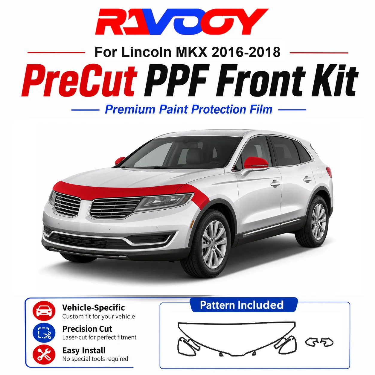 

8.5mil TPU Precut PPF Kit For Lincoln MKX 2016-2018 - Hood, Fenders & Mirror Set - Self-Healing Clear Bra Film