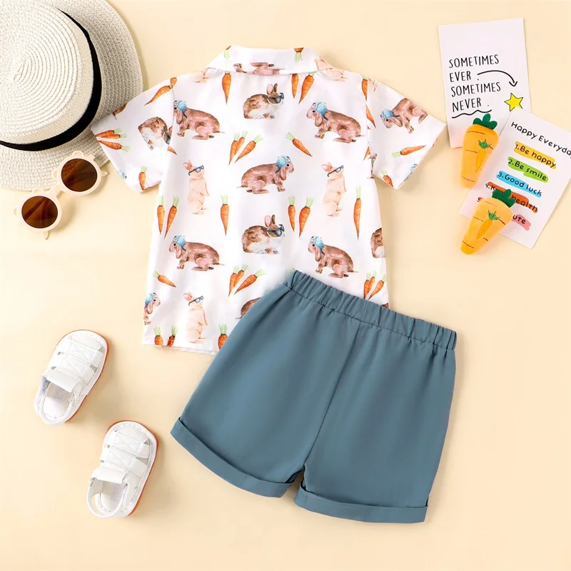 

Toddler Baby Boy Easter Outfit Lapel Button Down Short Sleeve Shirt Elastic Waist Shorts Set Easter Clothes