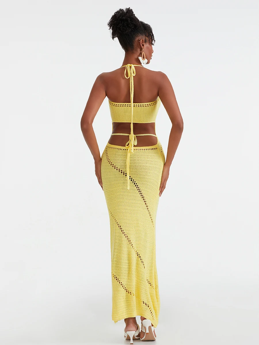 Elegant Sleeveless Knit Maxi Dress with Halter Neckline Front Cutout and Back Tie-Up Detail for a  Fit