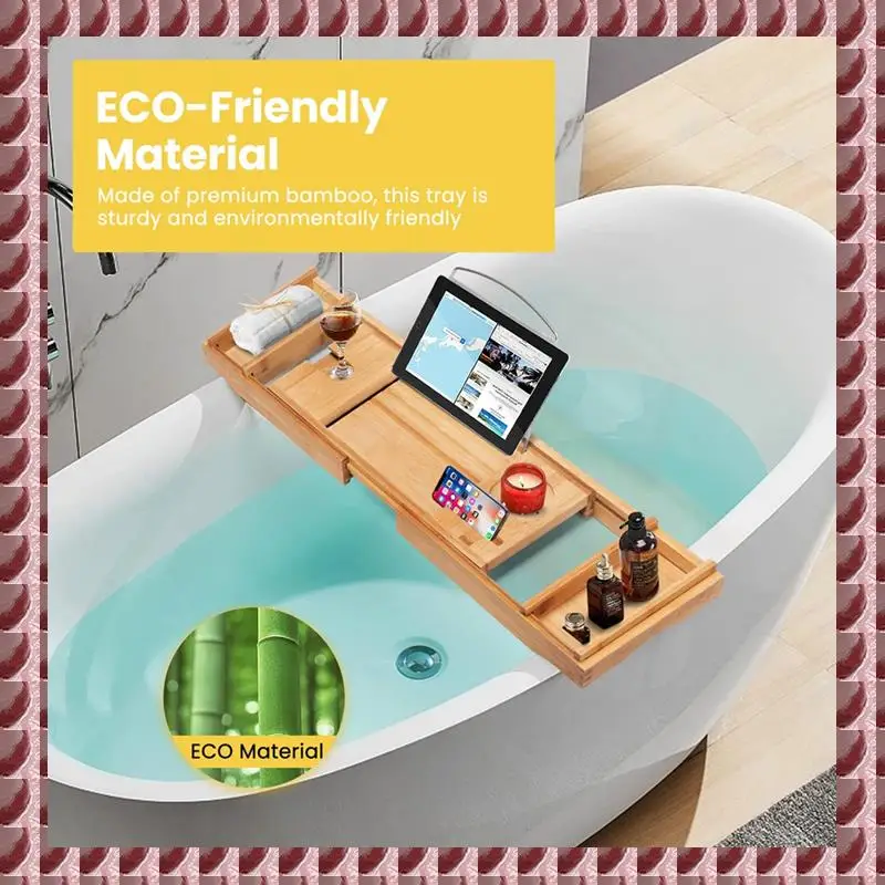 

A95G 1 PCS Bamboo Expandable Bathroom Organizer Bathtub Storage Board With Cellphone Tablet And Wine Book Holder B