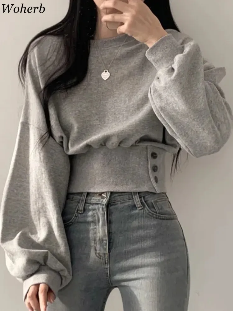 Korean Autumn Chic Solid Hoodies Women Casual O-neck Long Sleeve Y2k All Match Tops New Slim Fit Button Simple 2024 Ropa Mujer